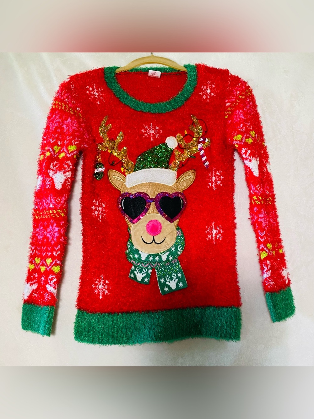 Holiday Time Red & Green Kids Fuzzy Reindeer Sweater